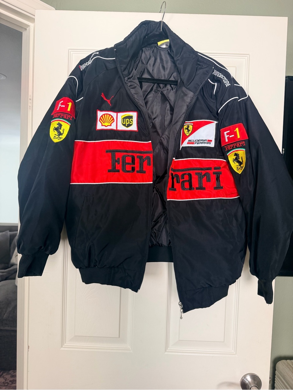 Ferrari Black and Red Patch Logo Racing Bomber Jacket